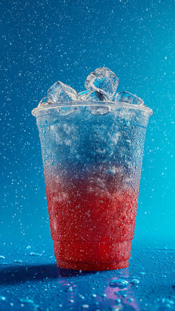 Cold red drink with ice cubes on blue background. Selective focus.の写真素材
