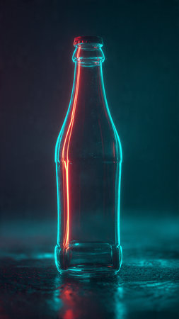 Bottle of water on a dark background with a red neon lightの写真素材