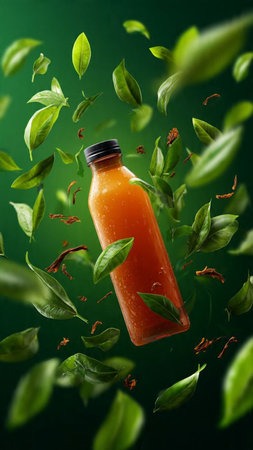 Bottle of fresh juice with flying leaves on dark green background.の写真素材