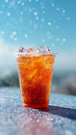 Cold drink with ice cubes in cup on bokeh backgroundの写真素材