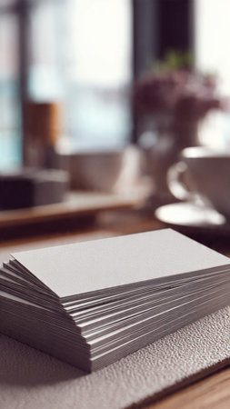 Blank business cards on table in cafe. Mockup for branding identity.の写真素材