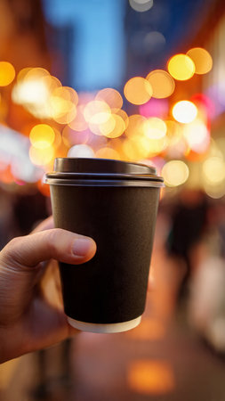 Coffee cup in hand on bokeh lights background.の写真素材