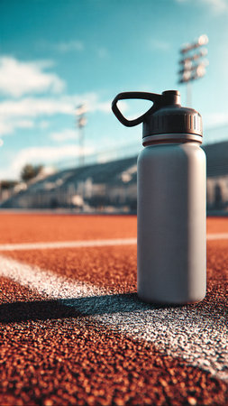 Sports water bottle on the running track. Healthy lifestyle and sports concept.の写真素材