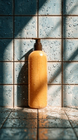 Shower gel bottle on tile wall background. Shower gel bottle. Shower gel bottle. Shower gel bottle.の写真素材