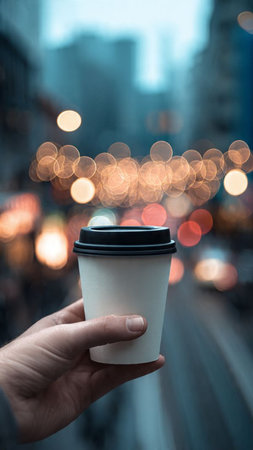 Coffee cup in hand on blurred background of cityscape and bokehの写真素材