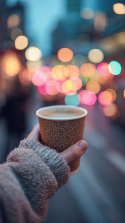 Woman holding a cup of coffee in the city. Blurred backgroundの写真素材