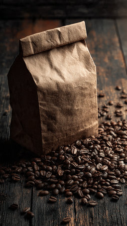 Coffee beans in a paper bag on a dark wooden backgroundの写真素材
