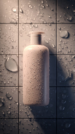 Bottle of shampoo or shower gel with drops of water on tile backgroundの写真素材