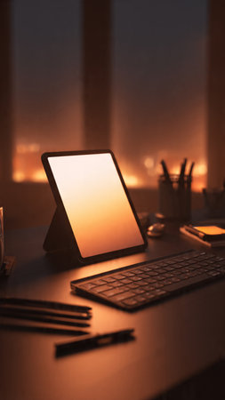 Digital tablet with blank screen on the table in the office at nightの写真素材