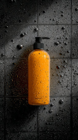 Orange shampoo bottle on black tile background with water drops, top viewの写真素材