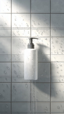Soap dispenser with water drops on tile wall in bathroom.の写真素材