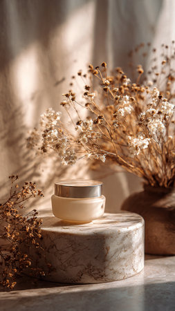 Cosmetic cream in a jar on a white marble podium with dried flowers in a vase.の写真素材