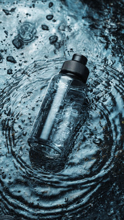 bottle of water on a blue background with splashes and dropsの写真素材