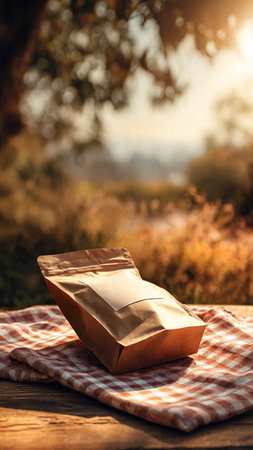 Coffee in a paper bag on a wooden table in natureの写真素材