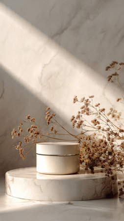 White podium for product presentation with dried flowersle background. Minimalism.の写真素材
