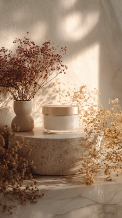 Cream jar with dried flowers on white marble podium. Minimalist cosmetic concept.の写真素材