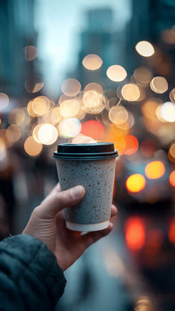 Coffee cup in hand on the background of the city.の写真素材