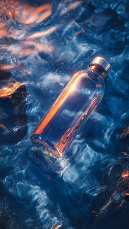 Bottle of water on the dark blue water surface with reflection.の写真素材