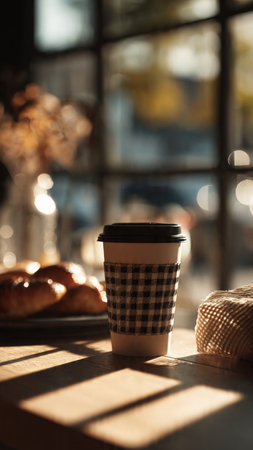 Coffee to go in a paper cup on a table in a cafeの写真素材