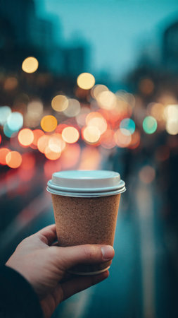 Coffee cup in hand on a background of the city.の写真素材