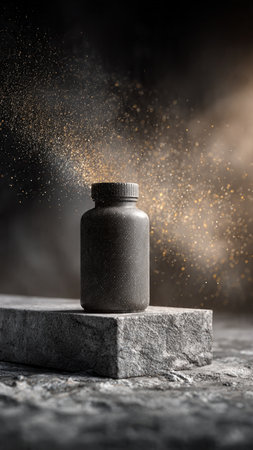 A bottle on a stone background.の写真素材