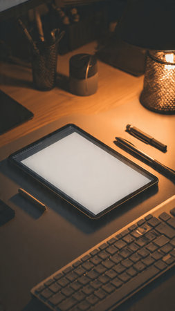Close up view of creative designer workspace with blank screen tablet computer and other office supplies on wooden desk.の写真素材