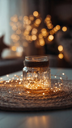 Christmas garland in a glass jar on a wooden table. Bokeh backgroundの写真素材