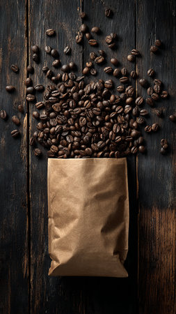coffee beans in paper bag on dark wooden background, top viewの写真素材