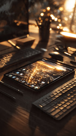 Tablet pc and mobile phone on wooden table in office at nightの写真素材