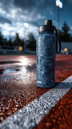 Water bottle on a running track in the evening. Sports conceptの写真素材