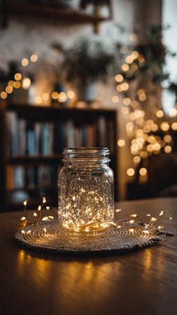 Christmas lights in a glass jar on a wooden table in a cozy roomの写真素材