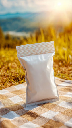 White plastic bag on checkered tablecloth in rice field.の写真素材