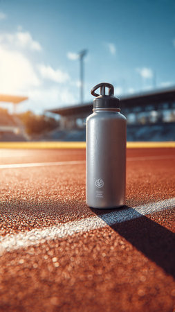 Sports water bottle on the track at sunset. Sport and healthy lifestyle concept.の写真素材
