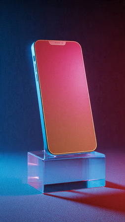 Smartphone with blank screen on blue background.の写真素材