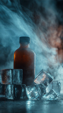 Ice cubes and bottle on a dark background with smoke. Copy space.の写真素材