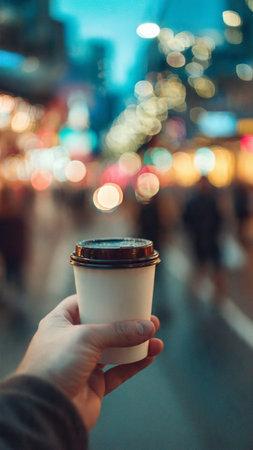 Coffee cup in hand on blurred background of night city.の写真素材