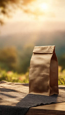 Brown paper bag on wooden table with nature view background. Copy space.の写真素材