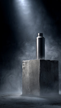 Cosmetic bottle on a concrete pedestal with smoke on a dark backgroundの写真素材