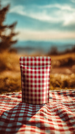 Gift box on a checkered tablecloth in the fieldの写真素材