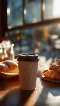Coffee cup on table with croissants in cafe.の写真素材