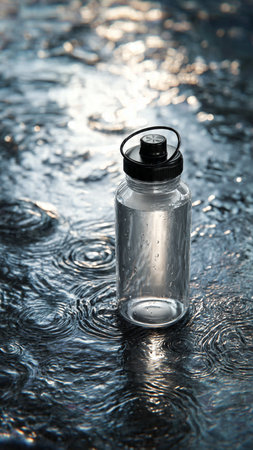 bottle of water on a wet surface with ripples and reflectionの写真素材