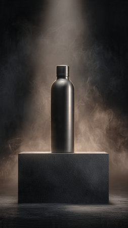 Mockup of black cosmetic bottle on podium with smoke on dark backgroundの写真素材