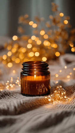 Candle in a glass jar on a knitted plaid with Christmas lightsの写真素材