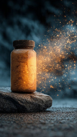 A jar of seasoning on a stone.の写真素材