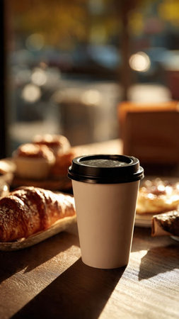 Coffee cup with croissants on table in coffee shopの写真素材