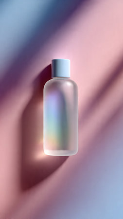 bottle on a blue and pink background with a shadowの写真素材