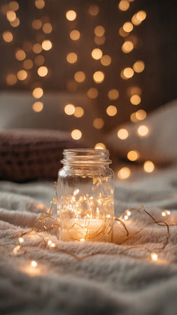 Glass jar with glowing garland on bed against blurred bokeh backgroundの写真素材