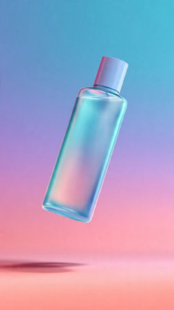 Transparent perfume bottle on blue-pink gradient background. 3d illustrationの写真素材