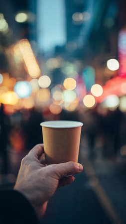 Male hand holding a paper cup of coffee in the city at nightの写真素材
