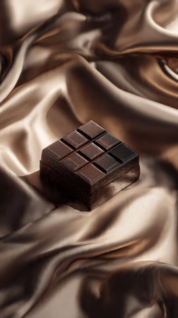 Chocolate bar on golden satin background, top view. Sweet foodの写真素材